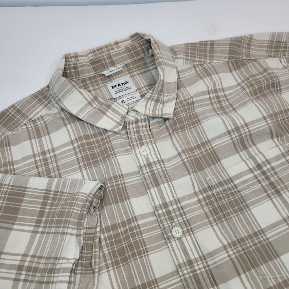 Prana Plaid Button Down Shirt Mens XL Tan White Excellent Organic Cotton 1970201
